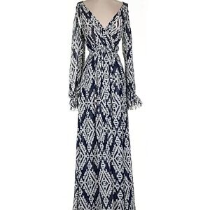 Tory Burch Navy and White Patterned Long Sleeve Dress